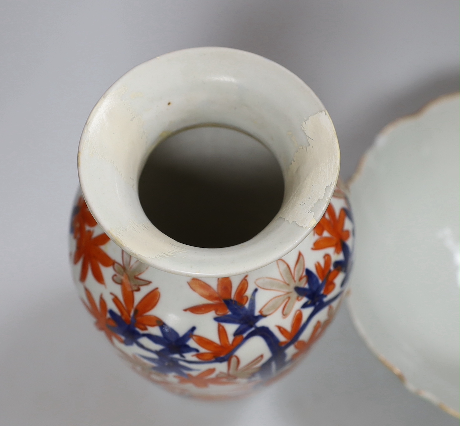 A Japanese Imari vase, a dish and green glazed bowl, together with a Chinese hors d'oeuvres dish-24cm wide